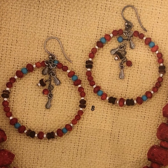 Silpada Rare Sterling Silver Coral, Turquoise, Wood, Shell Bead Hoop Earrings - Picture 16 of 16